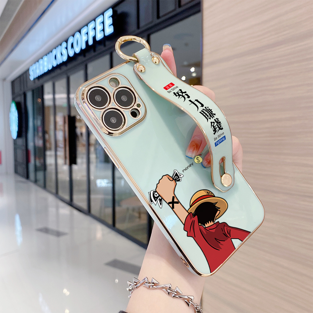 TA for iPhone 13 Pro Max Wrist Strap Back Cover Struggle Luffy Fashion Luxury 6D Plating Soft Casing Silicone Square Frame Phone Case. 