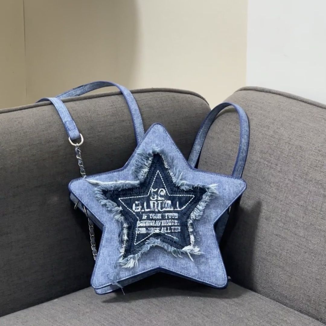 Original design denim blue five-pointed star backpack embroidered letter tassel Y2K crossbody bag