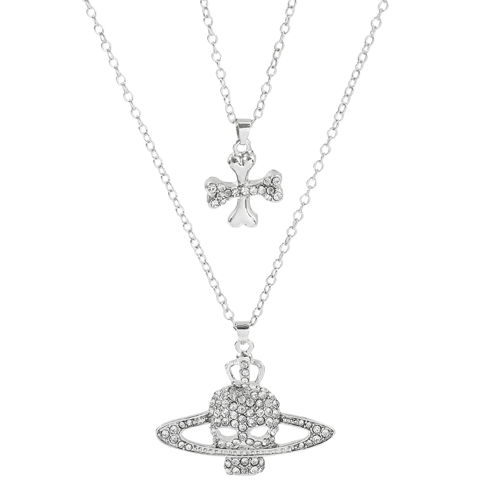 Korea Fashion Exquisite Rhinestone Skull Pendant Necklace Punk Gothic Cross Saturn Necklace Party Jewelry Women Accessories