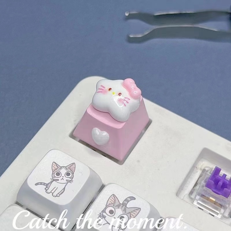 Cute Pink Mini Emoji Cat Bow Star Keycap Cross Axis R4 Cartoon Cat Mechanical Keyboard Keycap. 