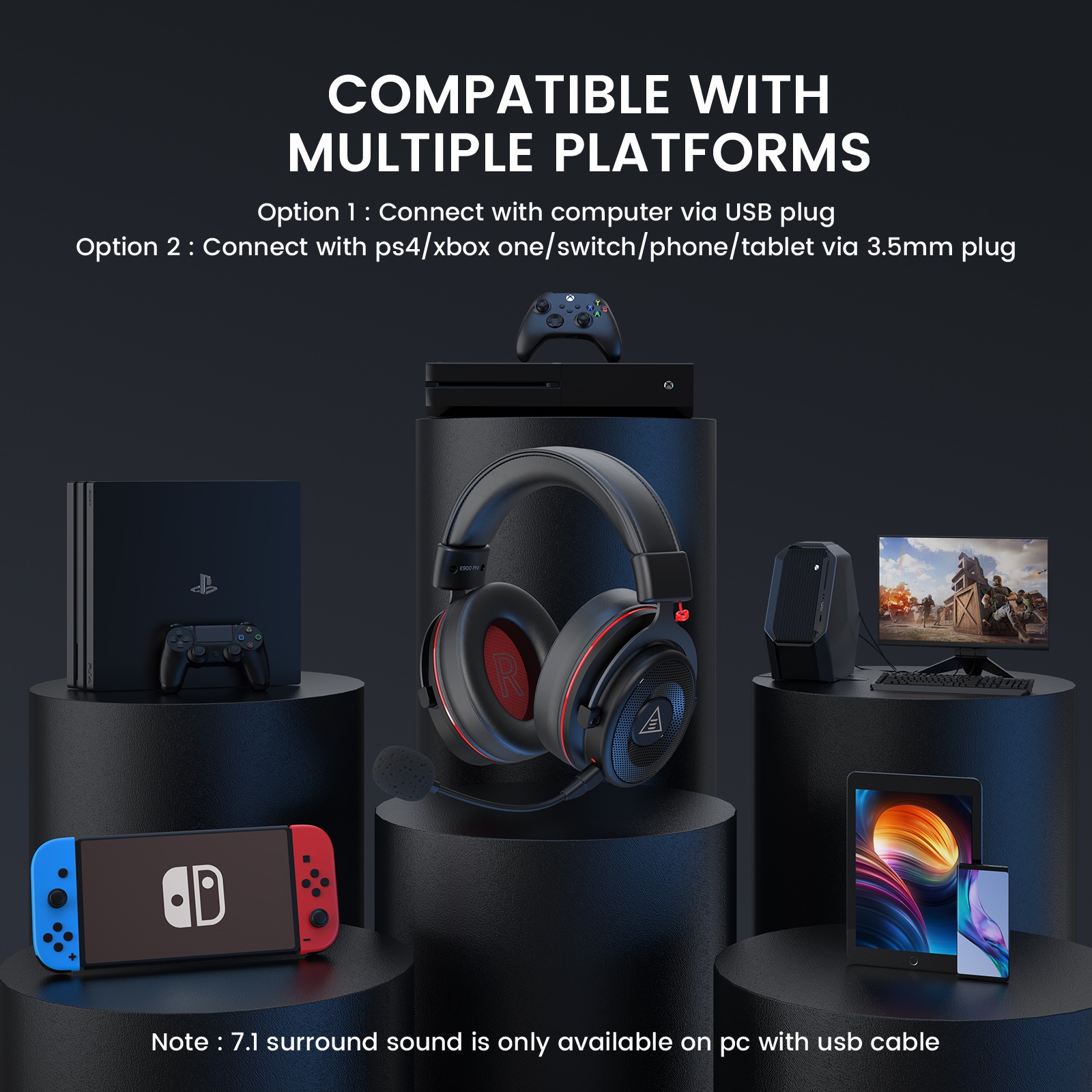 EKSA E900 Pro USB Gaming Headset for PC Computer Headset with Detachable Noise Cancelling Mic 7.1 Surround Sound for XBOX/ PS4. 