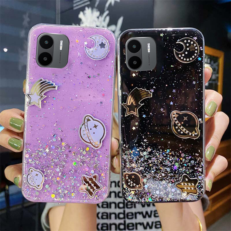 For Redmi A2 A1 Case Sparkling Soft Transparent Silicone Space Planet Stars Moon Girl Anti Fall For Xiaomi Redmi A1 Back Cover. 
