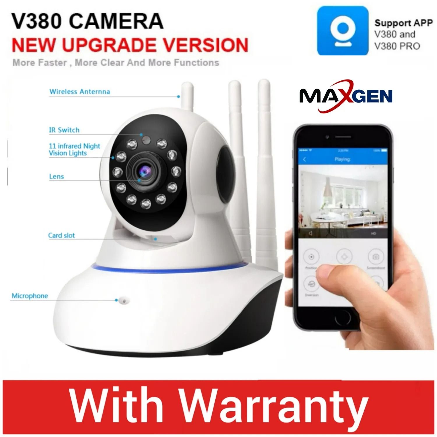 V380 PRO Q5 2MP HD 1080P WIFI IP Camera Night Vision 2 Way Audio 360 Degree Robotic 3 Antenna Camera With Land Port. 