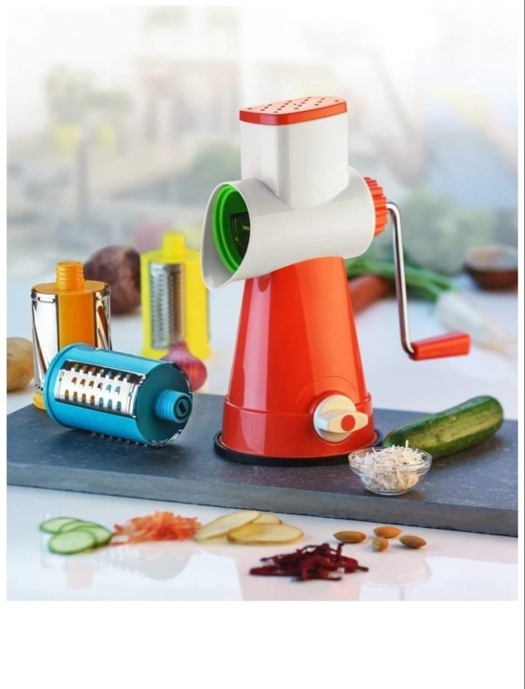 Plastic Stainless Steel 4 in 1 Multi-Functional Drum Rotary Vegetable Cutter | Shredder |Grater & Slicer | Slicer Dicer with High Speed Rotary Cylinder (Multicolor). 