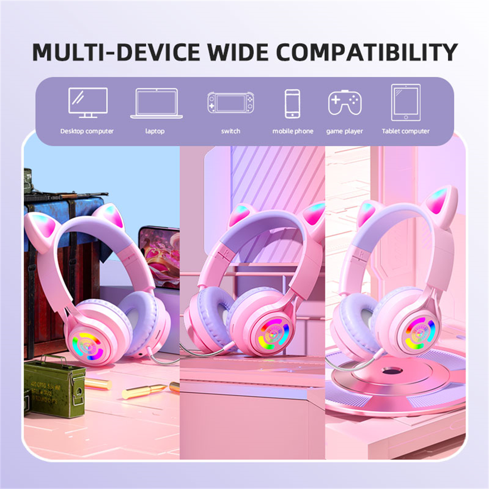 Bluetooth Game Headsets with Microphone 3.5mm Audio Line Cat Helmet Wireless Hands Free Ear Music Game Headset Flash LED Light. 