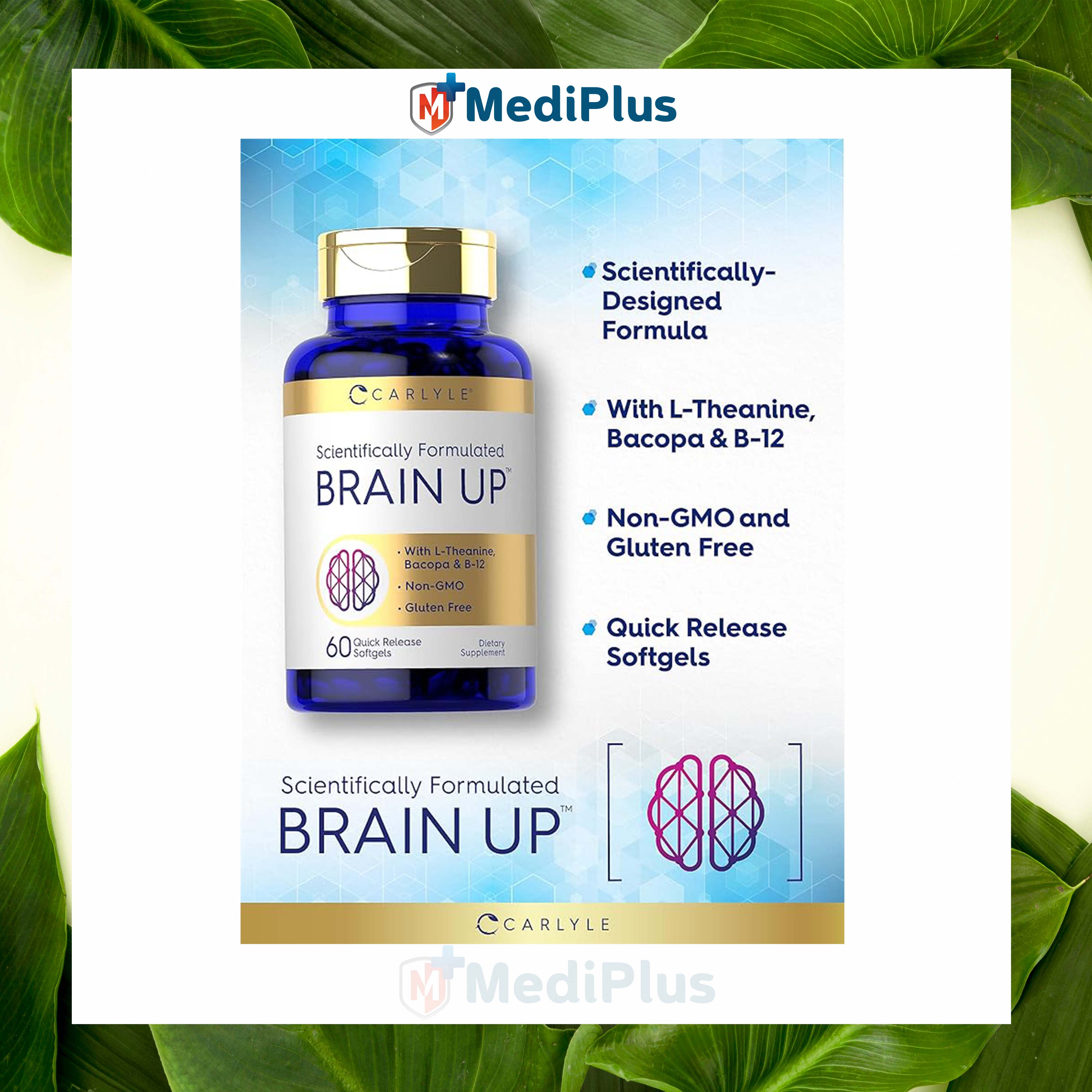 Carlyle Brain Up Supplement | 60 Softgels | with L-Theanine, Bacopa & B-12 | Non-GMO, Gluten Free. 