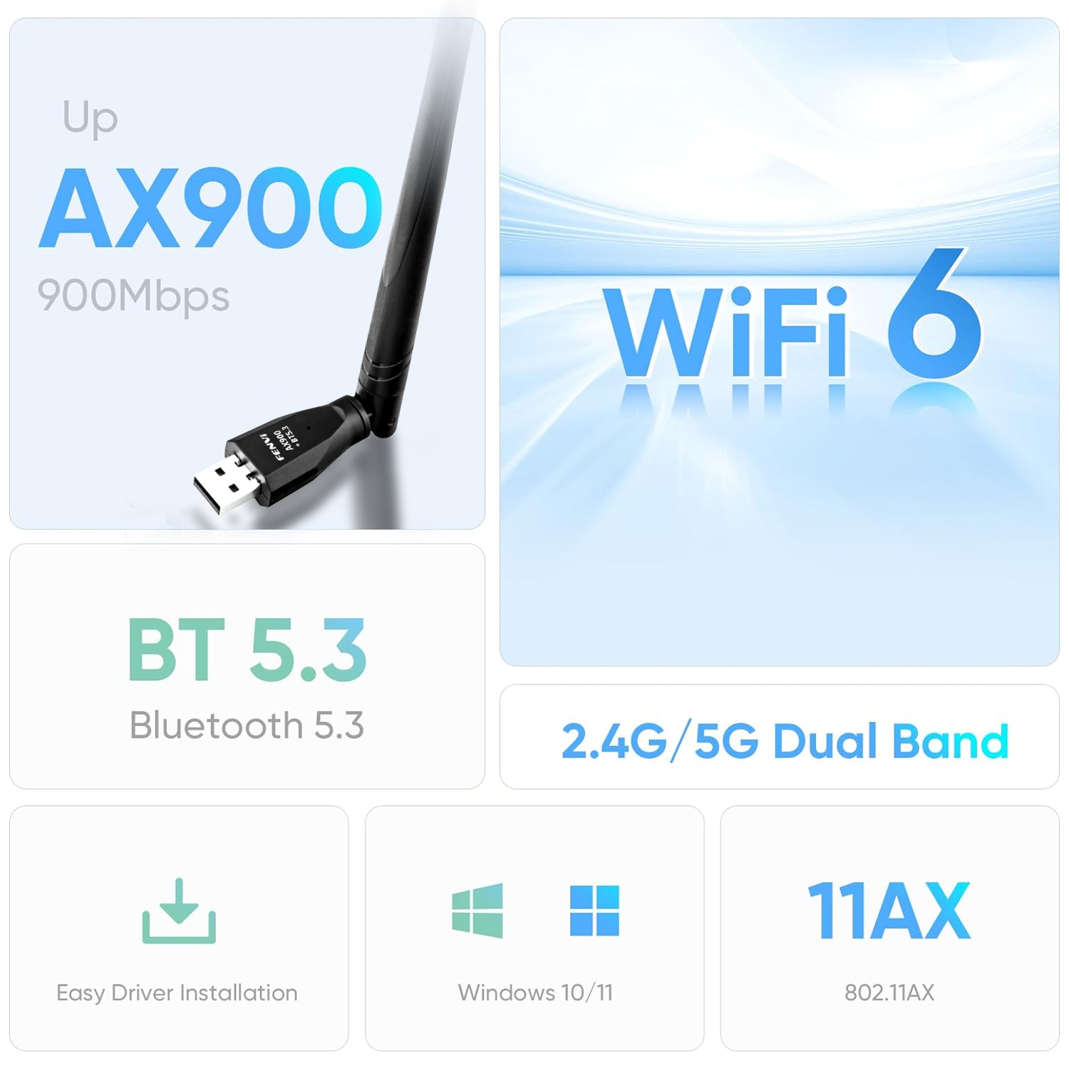 fenvi WiFi 6 AX900 USB Dongle Bluetooth 5.3 USB Wireless Adapter Dual Band 2in1 WIFI6 Receiver 2.4G 5G Free Driver For PC Laptop. 