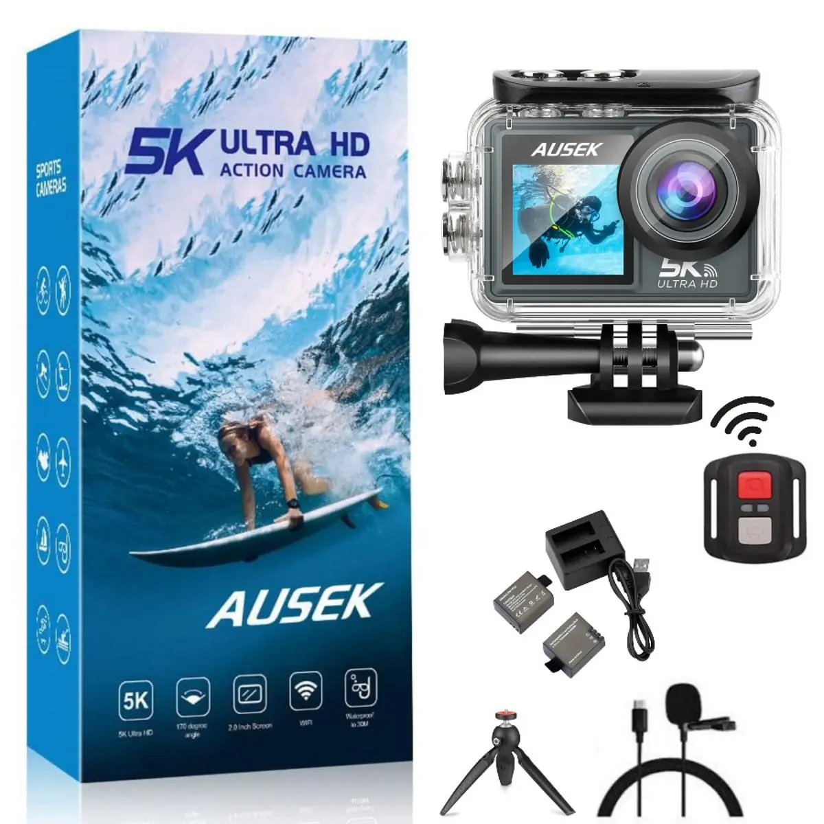 COMBO PACK of 5K Ausek Dual Screen 5K Waterproof Action Camera with Remote, Dual Battery, Charger & Microphone warranty 6