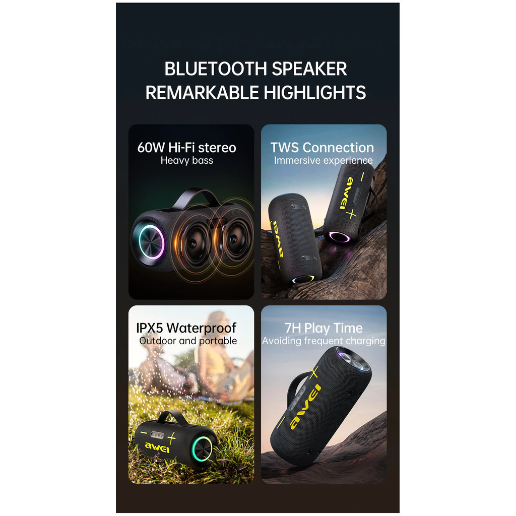Awei KA10 Wireless Bluetooth Speaker RGB Outdoor Speaker Bass 60W BT 5.3 Portable Speaker. 
