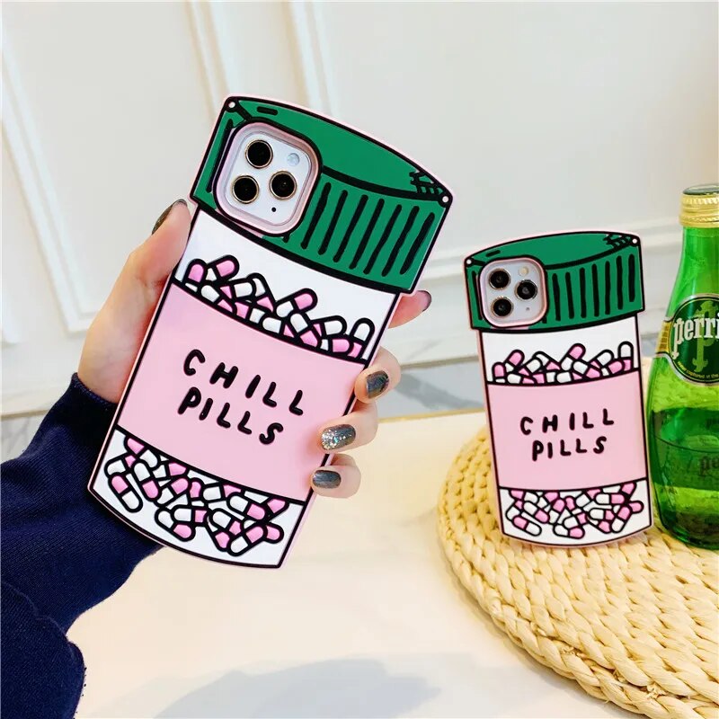 3D Full Silicone Pink Chill Pills TPU Phone Case For iPhone 8 7 6 Plus SE2 X XR XS 11 12 13 mini Pro Max Cases Soft Rubber Cover