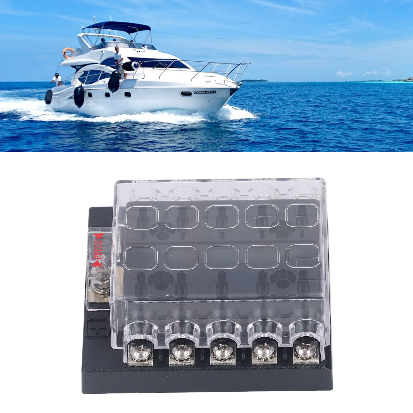 Automotive Fuse Box, 12-36VDC Flame Retardant ABS 10 Way Fuse Block with Sticker Labels for Medium Insert Fuses. 