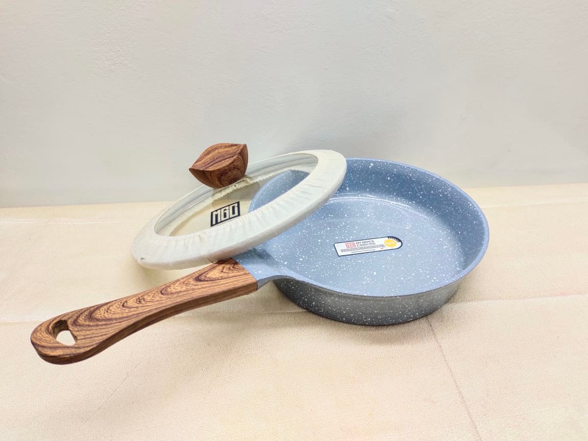 Mgc Marble Granite Non-Stick Anti Scratch Frying Pan 24Cm With Lid & Wood Handle. Deep Fry Pan With Glass Lid. C:P500. 
