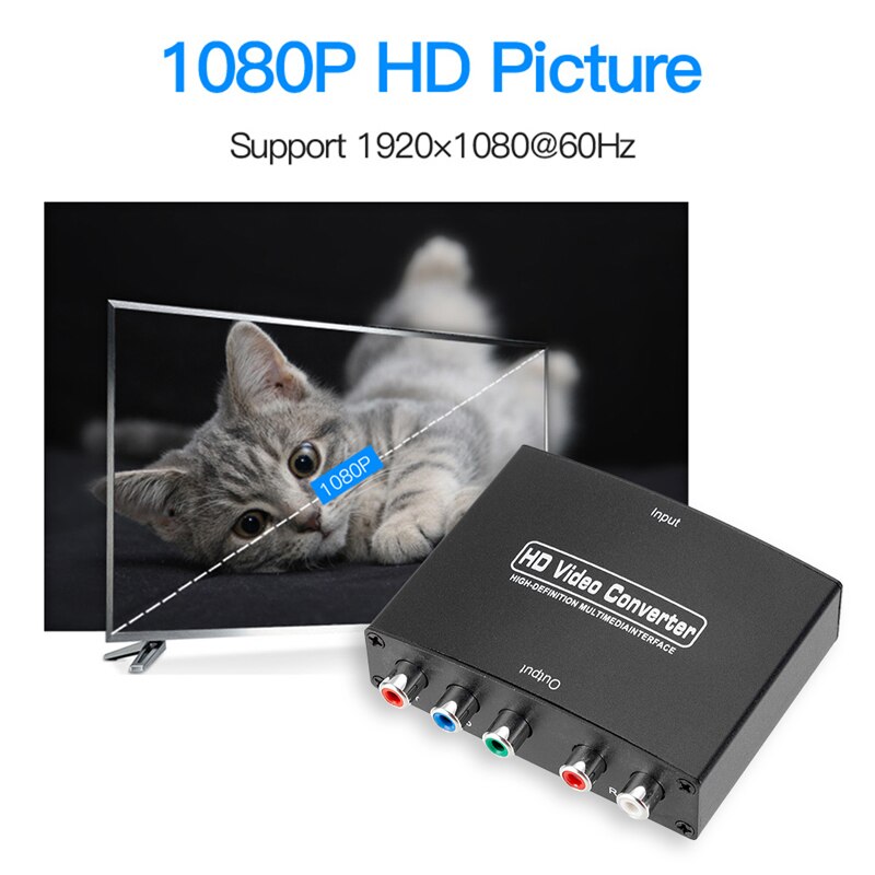 For TV PC DVD HDMI-compatible to 5 RCA Component YPbPr Video Converter 1080P HD YPBPR Component R/L Audio Adapter for Projector Black. 