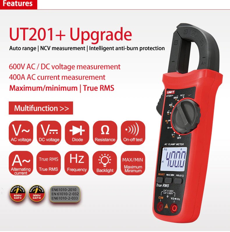 UNI-T UT201+ Digital Clamp Meter 400A True RMS Clamp Meter AC Current Voltage Meter NCV Diode Resistance Clamp Tester UT201+ - Kings Trading
