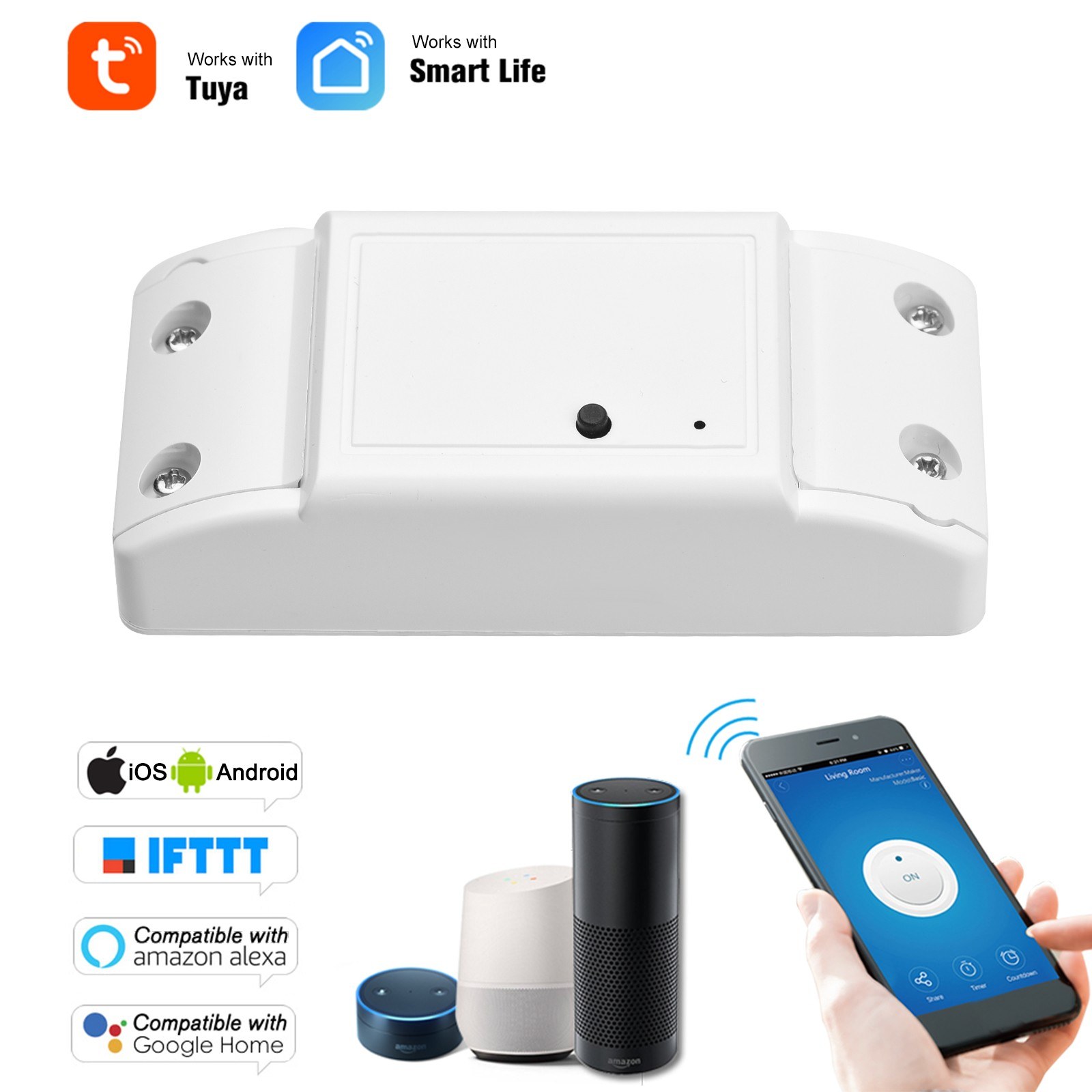 10A/2200W WiFi Smart Switch Compatible with Amazon Alexa for Google Home Timer - white. 
