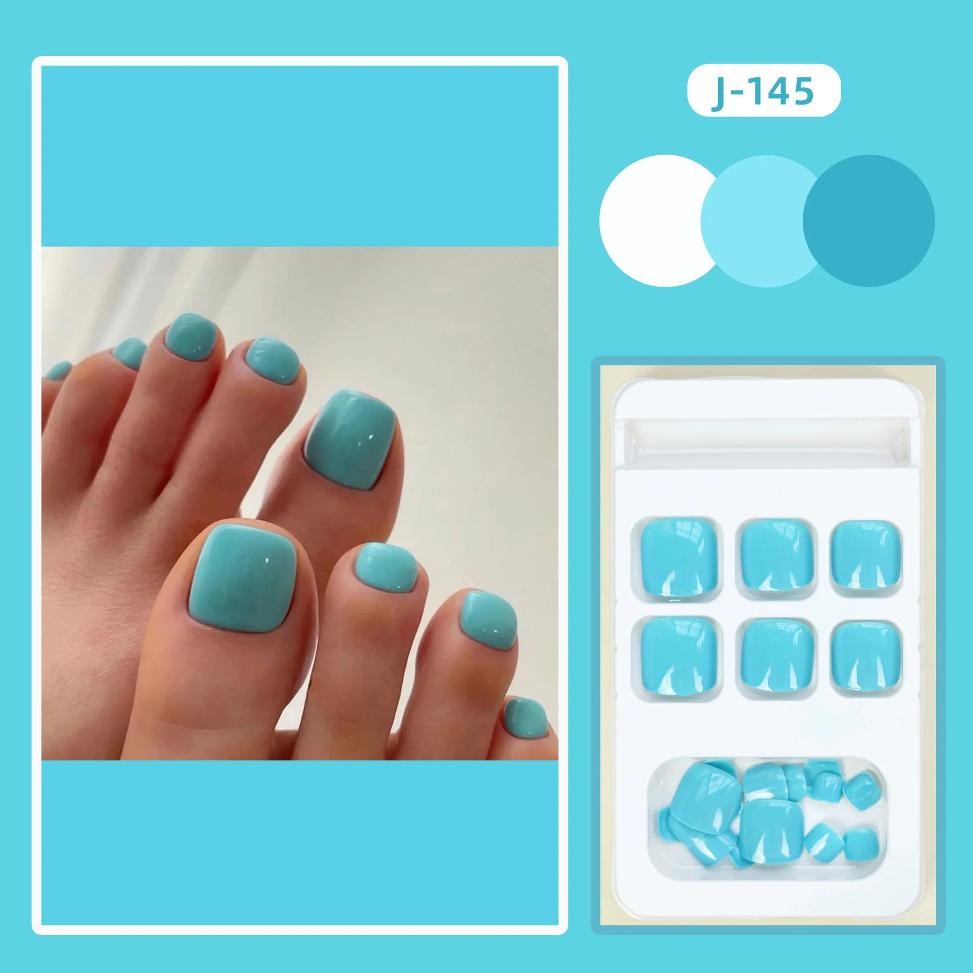 24Ps Glossy Lake Blue Press on Toe Nails Artificial Acrylic Toenails Full Coverage Removable Wearable Toe Nail Art Finished. 