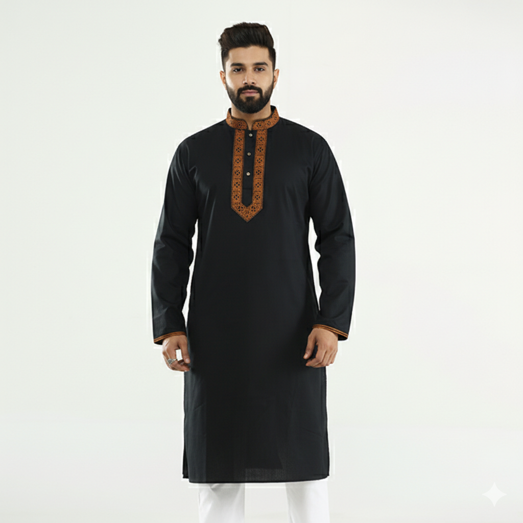 Premium Black Cotton Panjabi for Men | Stylish Traditional Kurta for Eid, Wedding & Festive Wear | Soft Breathable Fabric | Comfortable Slim Fit Design | Elegant Ethnic Outfit for Party & Casual Use | Trendy Classic Black Panjabi Collection
