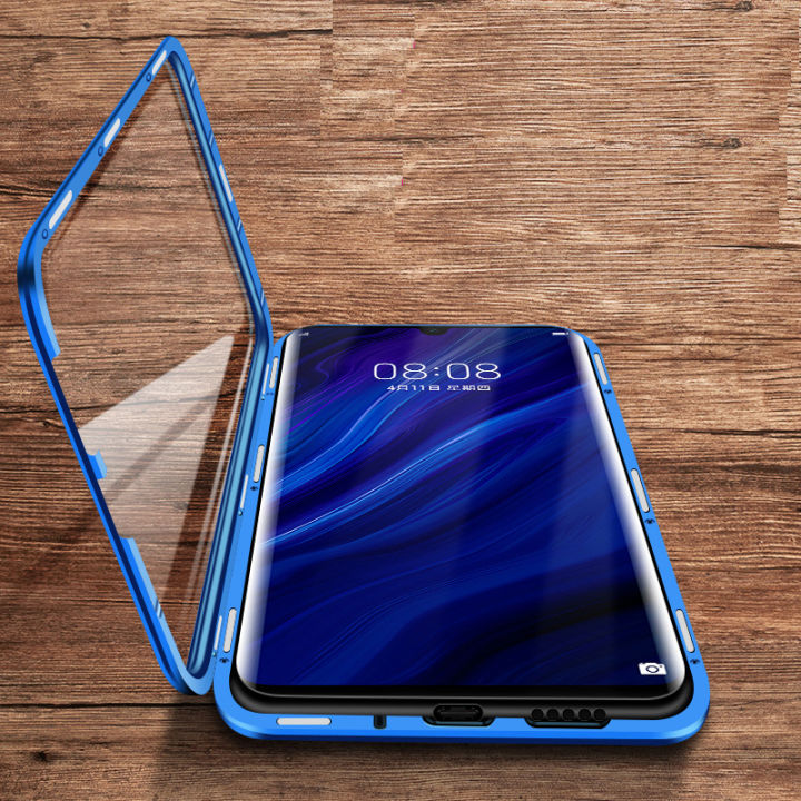 OnePlus 6T / 1+6   - 360 Degree Magnetic Adsorption Case Metal Frame Tempered Glass Back with Built-in Magnet Cover. 