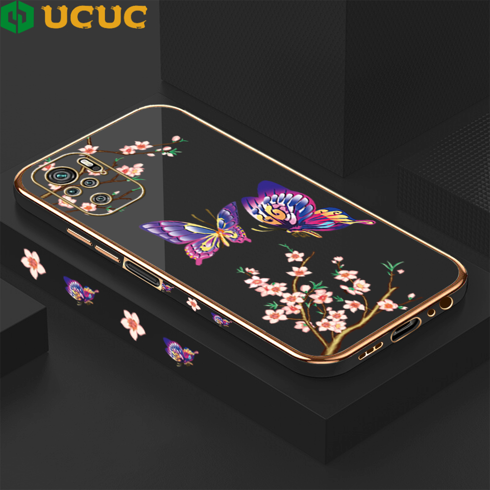 Ucuc for Xiaomi Redmi Note 10/Redmi Note 10 s free back cover lanyard butterfly flying luxury 6d plated soft side case silicone square mobile phone case. 