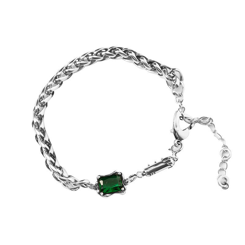 925 sterling silver square green diamond bracelet women's vintage Thai silver distressed hollow fashion love buckle thick chain bracelet. 