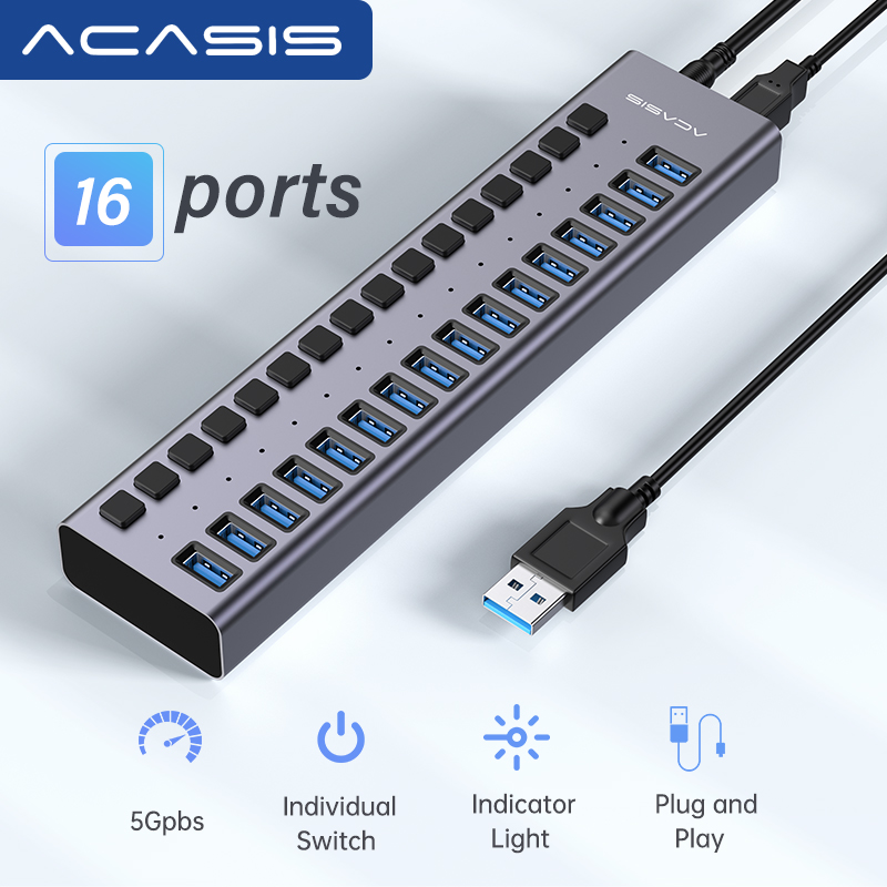 ACASIS Multiple USB 3.0 Hub 16 Ports High Speed with Independent Switch Splitter, Support Group Control Function, AC-HS716. 
