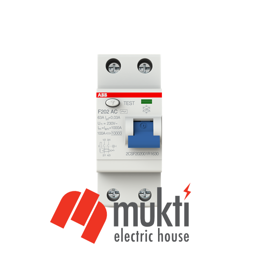 ABB RCCB DP 63A 30mA Single Phase Application Residual Current Circuit Breaker 2P F202AC-63/0.03. 