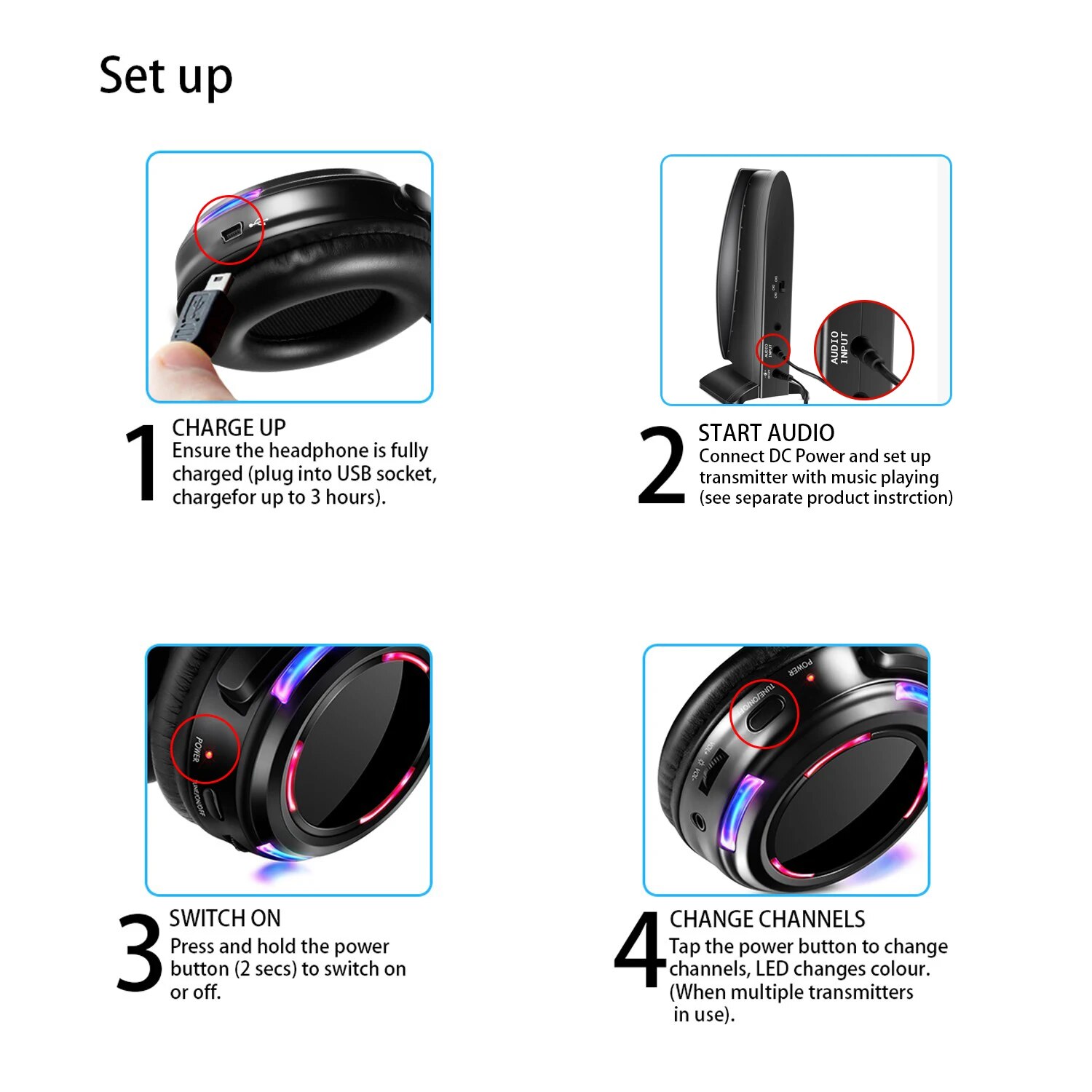 Silent Disco Headphones set -20pcs LED Rechargeable RF Wireless Receivers with 2 Transmitters. 