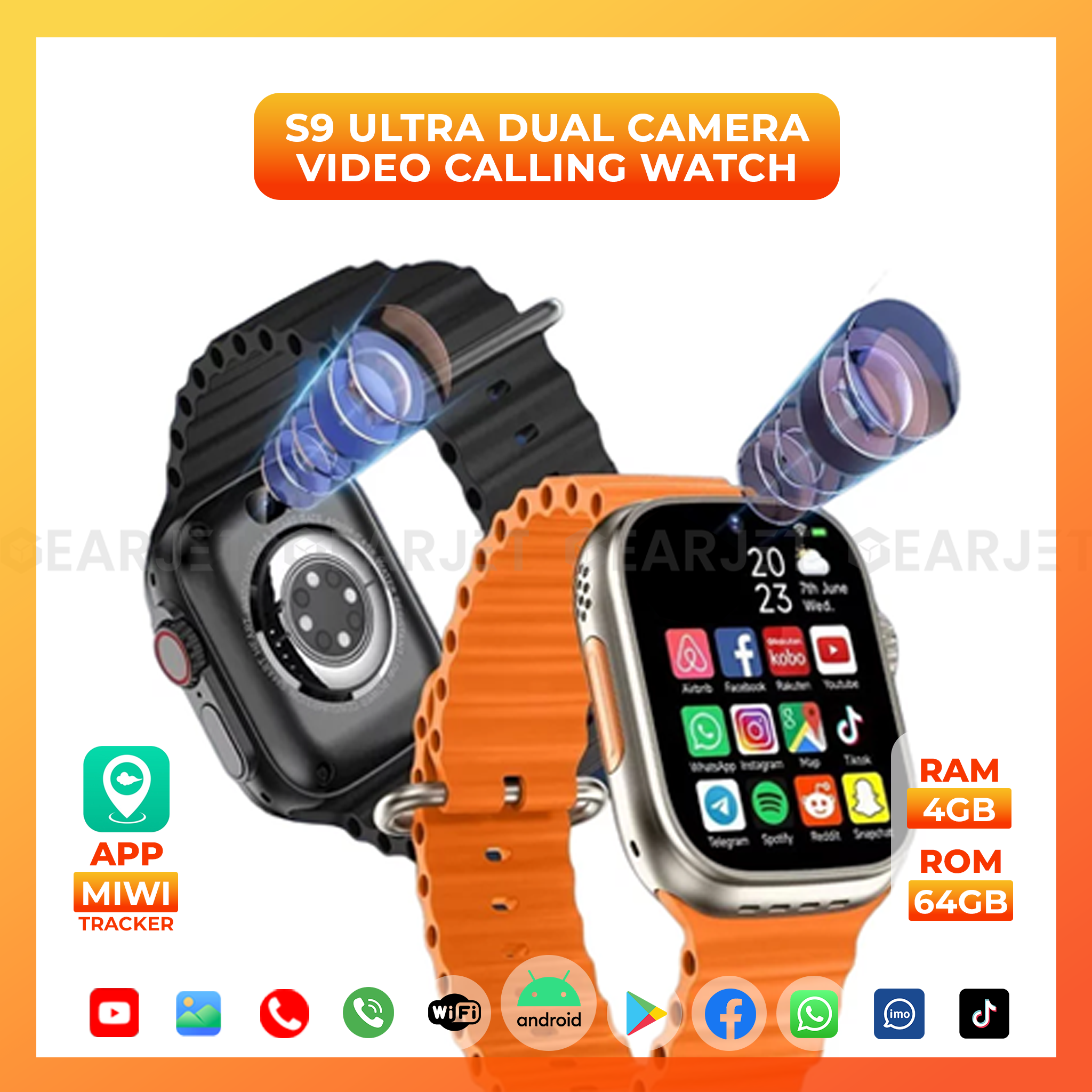 S9 Ultra 5G Smart Watch 2.08 inch Waterdrop Display RAM 4GB ROM 64GB Android 9 Dual Camera Calling Feature Google Playstore Youtube Facebook Messenger Tiktok IMO Wifi 1000mAh Battery Smartwatch for Men and Women. 