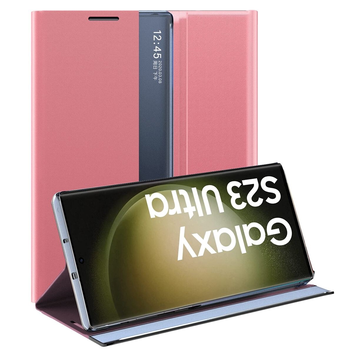 lthmy for Samsung Galaxy S23 Ultra Slim PU Leather Flip Smart View Window Stand Casing Cover