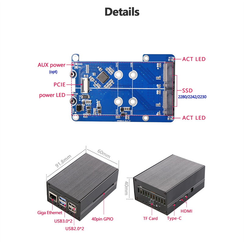 MPS2280D+Case+Pi5 Cooling Fan Support 2280/2242/2230 SSD Computer Accessories for 5 PCIE to M.2 Dual NVME SSD HAT. 