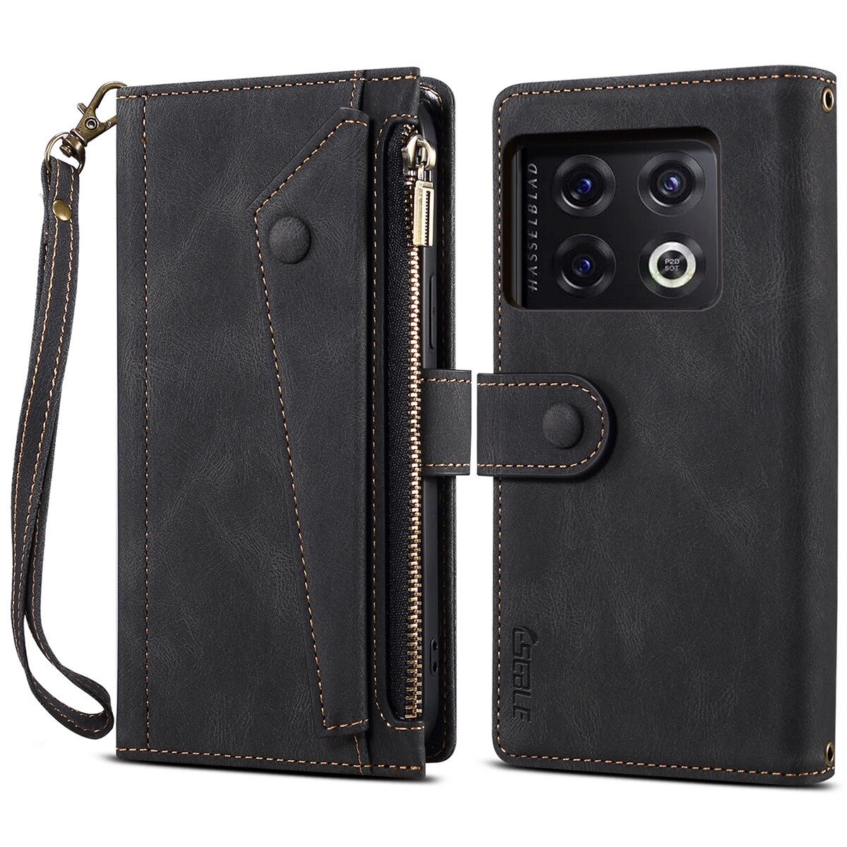 xprmy for OnePlus 10 Pro Vintage Leather Cover Flip Wallet Case Card Slots Zipper Pocket Handbag with Hand Strap