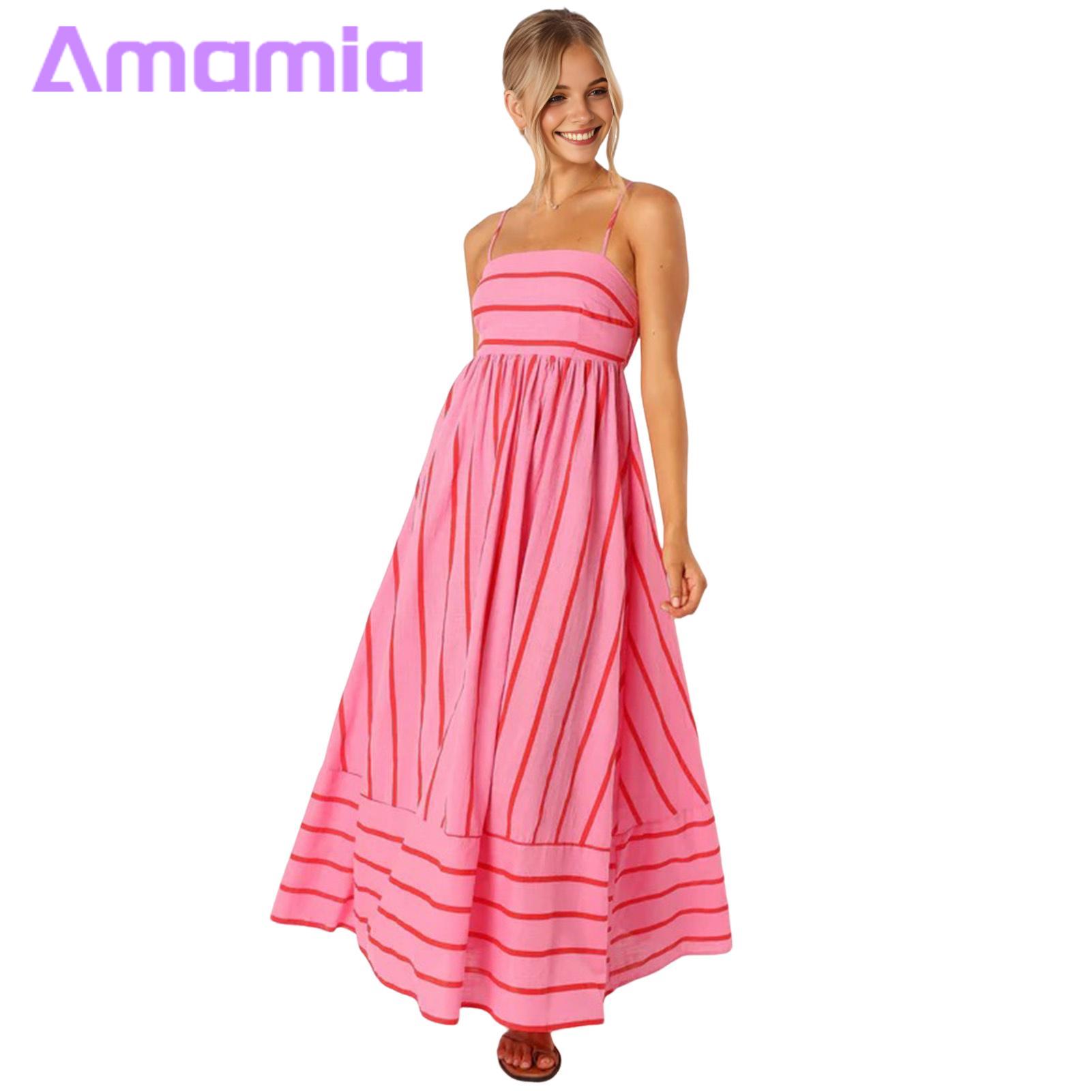 Women Striped Dress Boho Striped Maxi Dress with Spaghetti Straps for Summer Beach Vacation Sleeveless Backless A-line Ankle Length Sweet Style Sundress