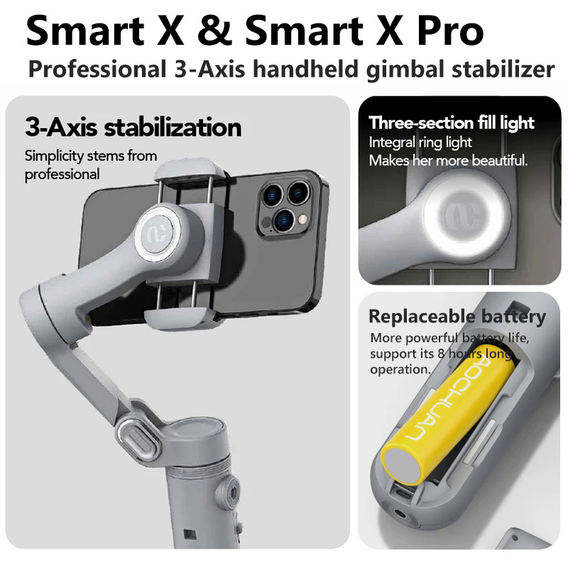 AOCHUAN Smart X / X Pro 3-Axis Foldable Handheld Gimbal Stabilizer Fill Light Wireless Charging For Smart Phone Action Camera. 