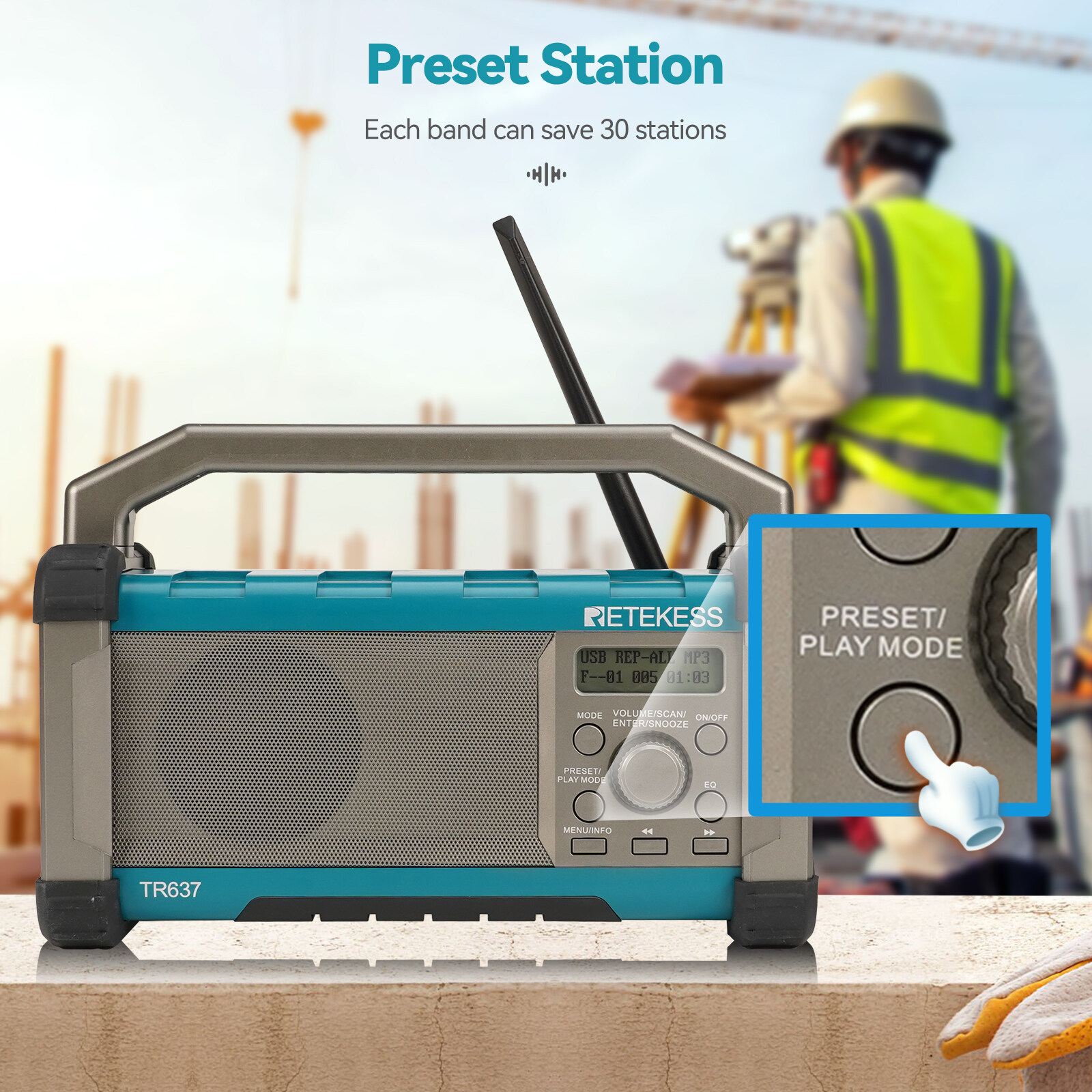 RETEKESS TR637 Jobsite Radio with Bluetooth 5.0 Rechargeable Portable AM/FM Radio with High-power loudspeaker Drop-proof and Dustproof Suitable for Construction or Outdoor Environment. 