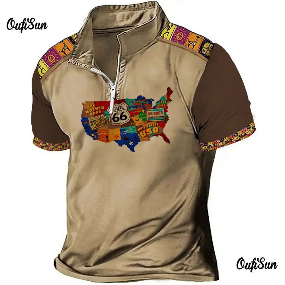 Vintage Polo Shirt For Men 3d Map Print Golf T-Shirt Motorcycle Zip Polo T-Shirt Summer Quick Drying Oversized Men Clothing Tops Dislikelike. 
