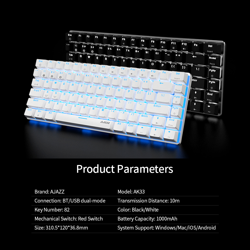 Ajazz AK33 82 Keys USB Wired Mechanical Keyboard Monochromatic White Backlight Gaming Office Keyboard Pink with Red Switches. 