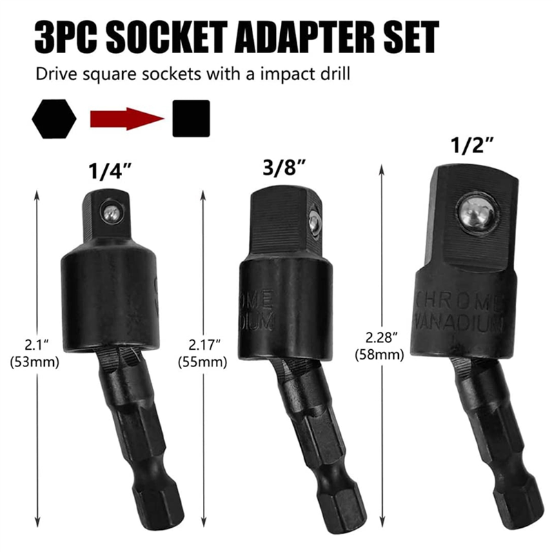 6PC Wobble Socket Adapters Universal Joint Swivel Socket Set, 1/4 Inch Hex Shank to 1/4 3/8 1/2 Square Socket Drives. 