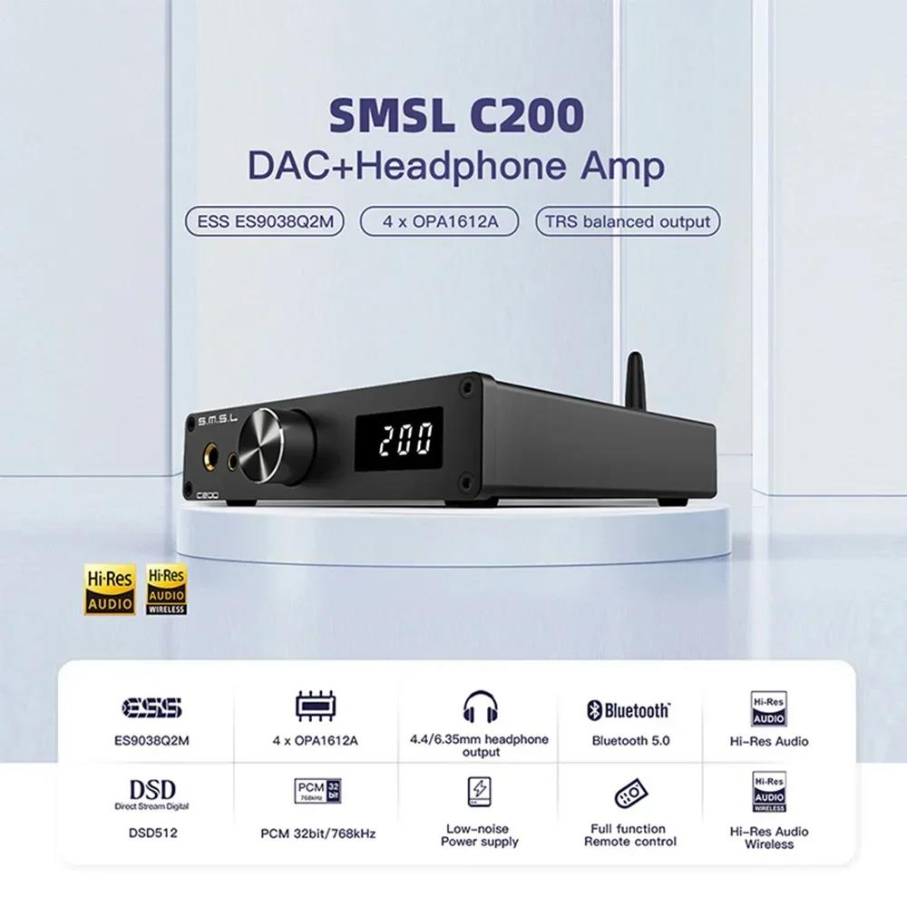 SMSL C200 Bluetooth 5.1 HiFi Headphone USB DAC Amp ES9038Q2M OPA1612A*4 TRS Balanced 4.4mm 6.35mm Output Decoder for airpods. 