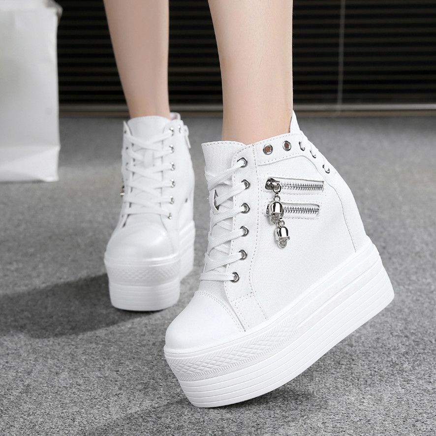 Korean Style Women's Shoes Casual Shoes Super High Heel Lace-up Heel  Platform Sneakers Women's Shoes White Canvas Shoes