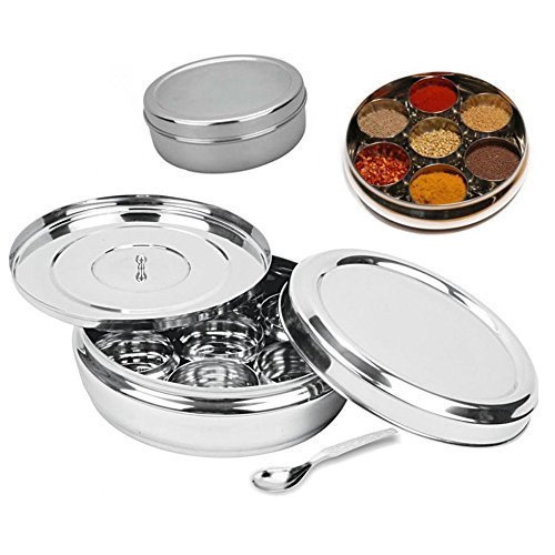 Stainless Steel Designer Masala Dani, Spice Box with 7 Containers and Small Spoon Masala Dabba Size. 