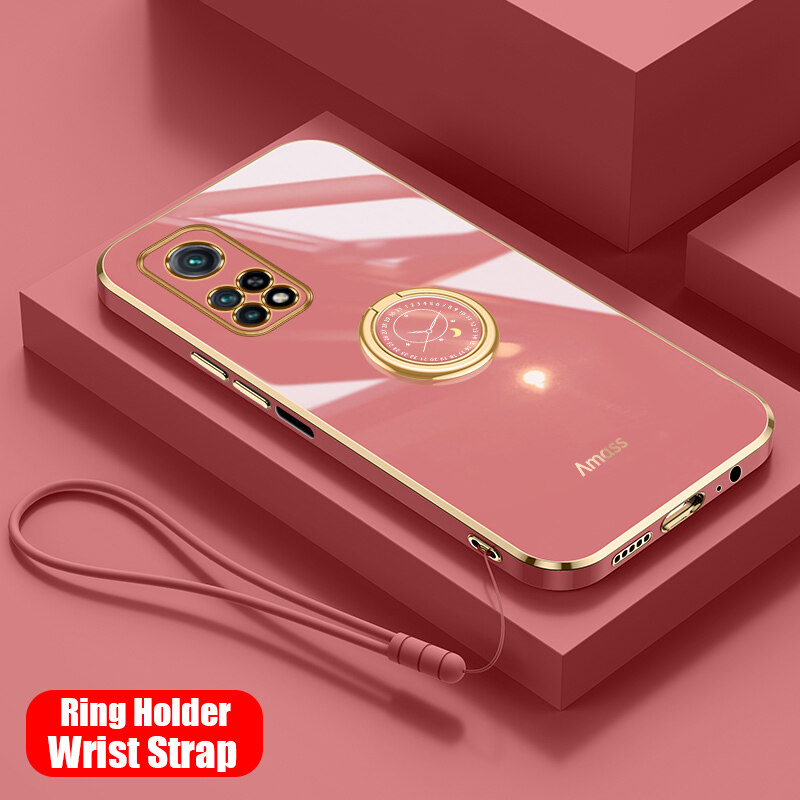 For Xiaomi Mi 10T / 10T Pro Back Cover with Ring Holder Stand + Wrist Strap Shiny Plating Square Bumper Protective Case Soft Silicone Shockproof Mobile Phone Cases. 