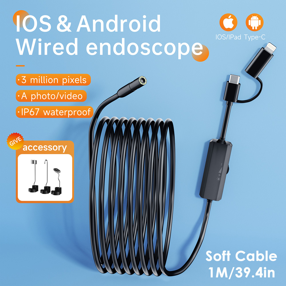 Android Endoscope Inspection Camera 2 in 1 IOS Type-C Mini Inspection Camera for IOS iphone Waterproof Pipeline Borescope. 
