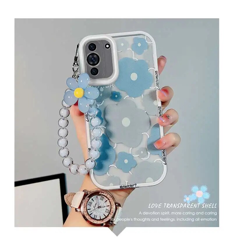 Blue Flower Bear Pendant Case For Poco X3 X4 M3 F4 F3 GT F5 M5 M5S C55 Mi 12 13 Lite 12T Redmi Note 12R 12S 10 12C K50 K60 Pro