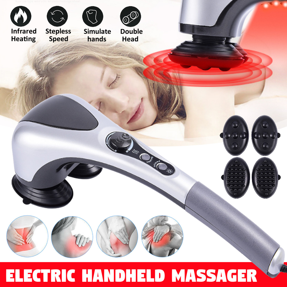220V Double Head Hand Held Electric Body Massager Machine Variable 3  Massage Head Speed Control Neck Waist Shoulder Massager