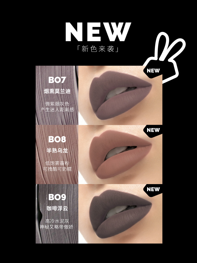】HYNTOOR Rabbit Dark Macaron Mud Lip Glazed Red Brown Mouth Black Matte Mist B05. 