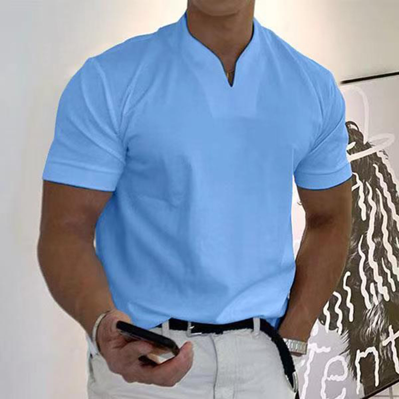 Men Top Solid Color Breathable Loose Men T-shirt. 