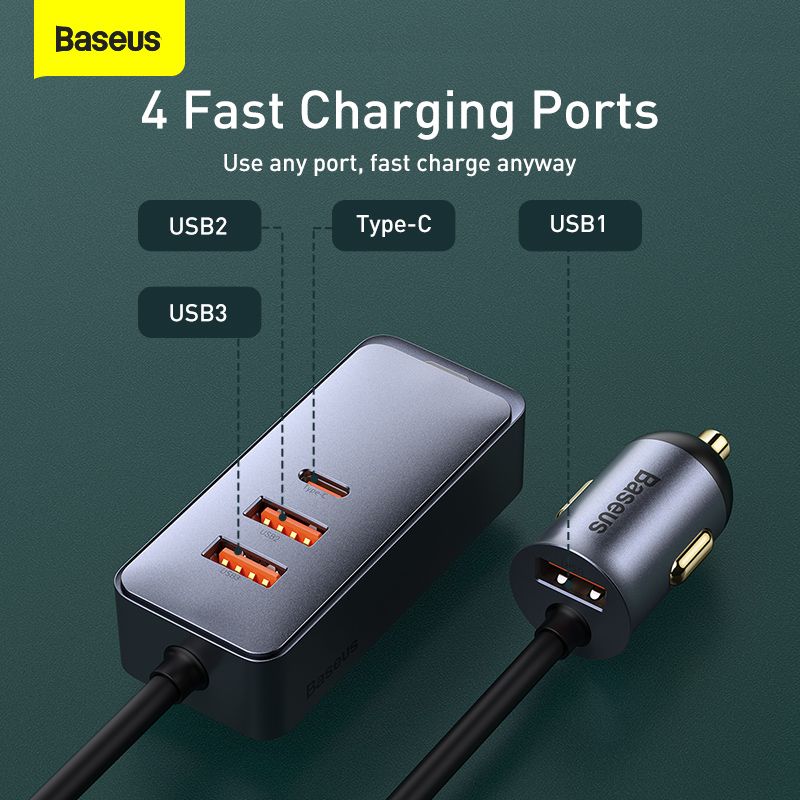 Baseus Share Together PPS Multi-port Fast Charging Car Charger With Extension Cord 120W 3U+1C. 