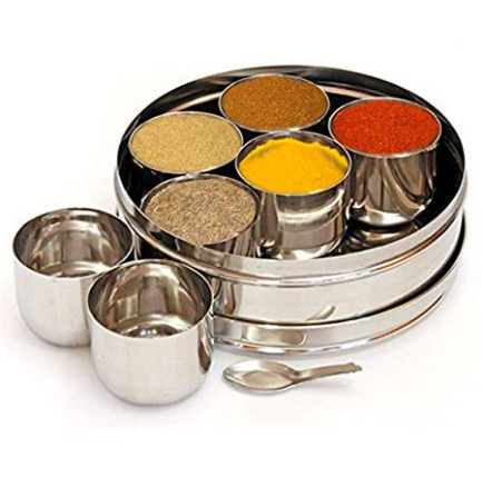 Stainless Steel Designer Masala Dani, Spice Box with 7 Containers and Small Spoon Masala Dabba Size. 