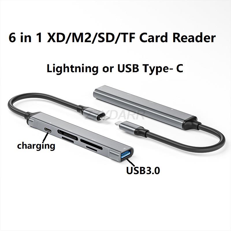 Czytnik kart iPhone XD 6 w 1 do czytnika kart Lightning M2 Adapter kart obrazkowych XD do czytnika SD/mysz/TF typu C z ładowaniem. 