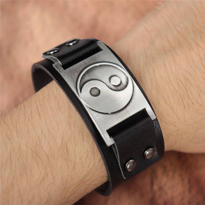 Temu hot selling retro bagua wide leather genuine leather bracelet men's adjustable strap buckle braided strap buckle bracelet